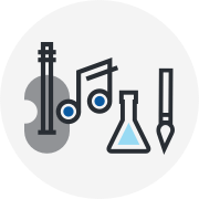 Illustration of a guitar, a musical note, a test tube and a brush
