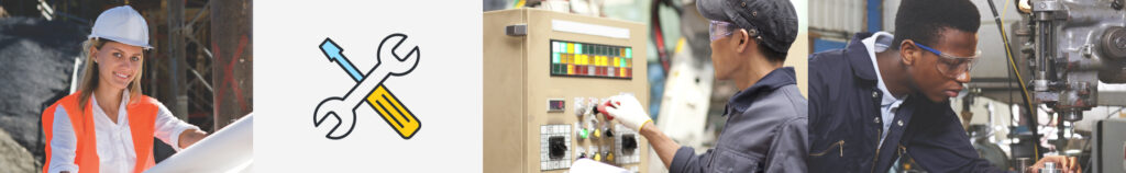 People working at factories and illustration of tools