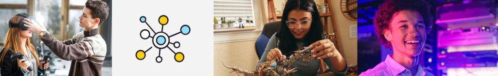 People playing with VR glasses, women building a project, boy smiling and illustration of an atom