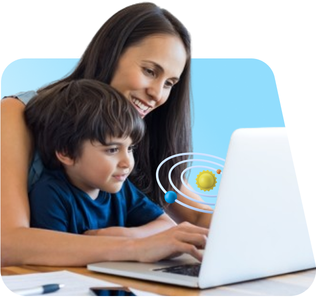 Mom in front of a computer with child